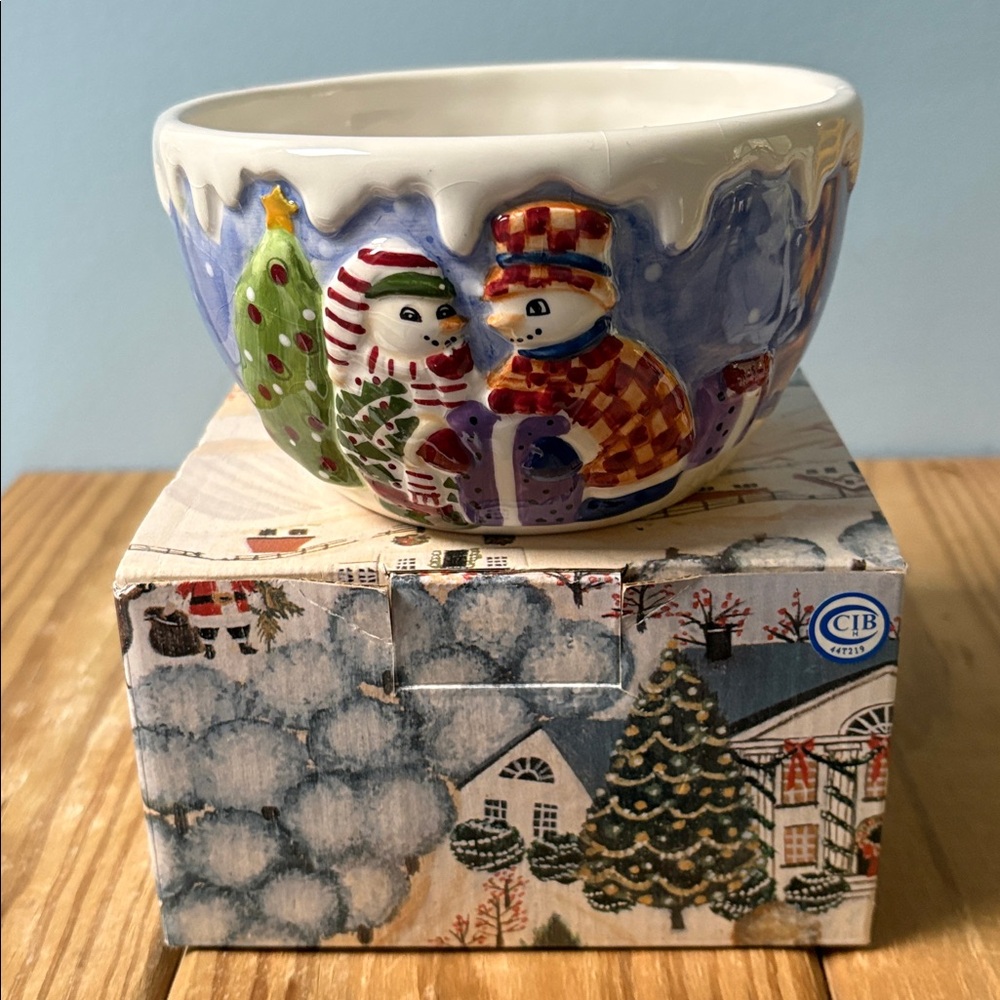 VIntage 1999 Block by Gear Snow People Hand-Painted Nut Candy Cookies Bowl New !